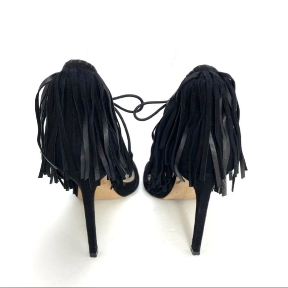 Zara Suede Ankle Fringe Lace tie High Heel Sandals in Black - Picture 8 of 9